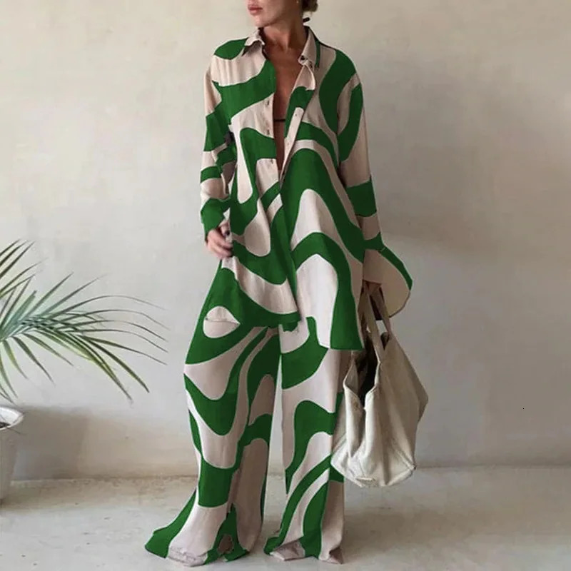 Spring And Summer Womens Suit Fashion Printed Casual Long-sleeved Shirt Loose Pants And Floor-length Pants Two-piece Set 250619