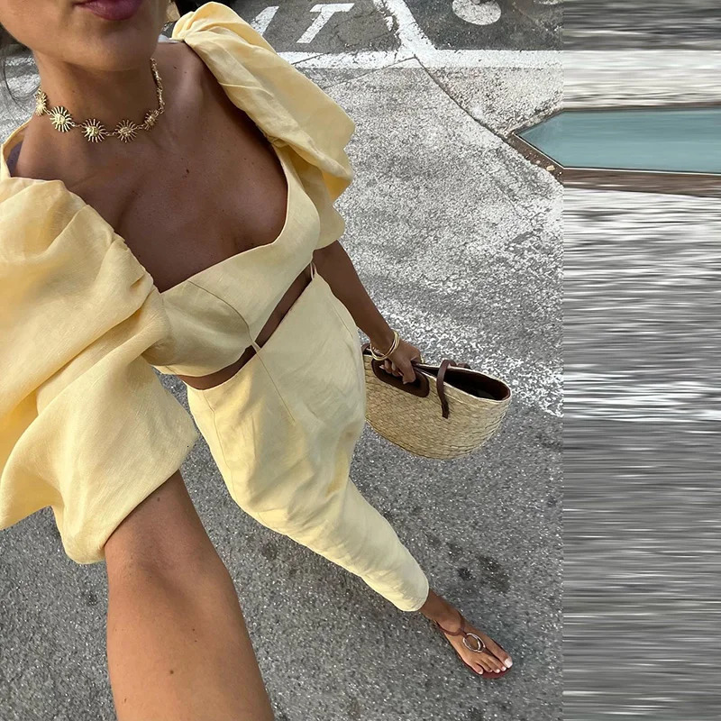 Womens Puff Sleeve Party Dress Ladies 2025 Hollow Waist High Street Summer Dress Elegant Solid Square Collar Holiday Long Dress 250619