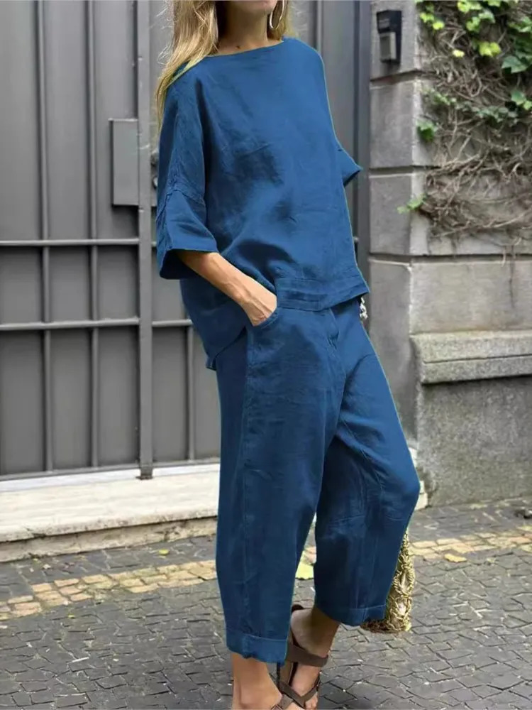 Fashion Cotton Linen Women Suit Casual Half Sleeve O Neck Top And Loose Pocket Pants 2 Piece Set 2025 Spring Summer Sets Female 250619