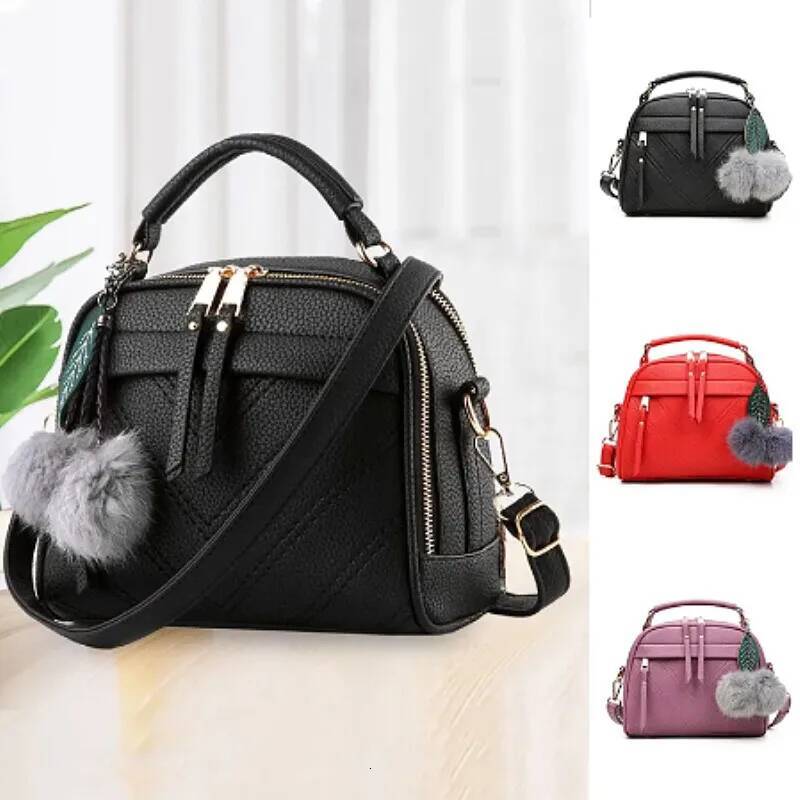 DHGM Yogodlns Embroidery thread Handbag Female PU Leather Shoulder Hair Ball Crossbody Trendy New Square Bag Purse sac
