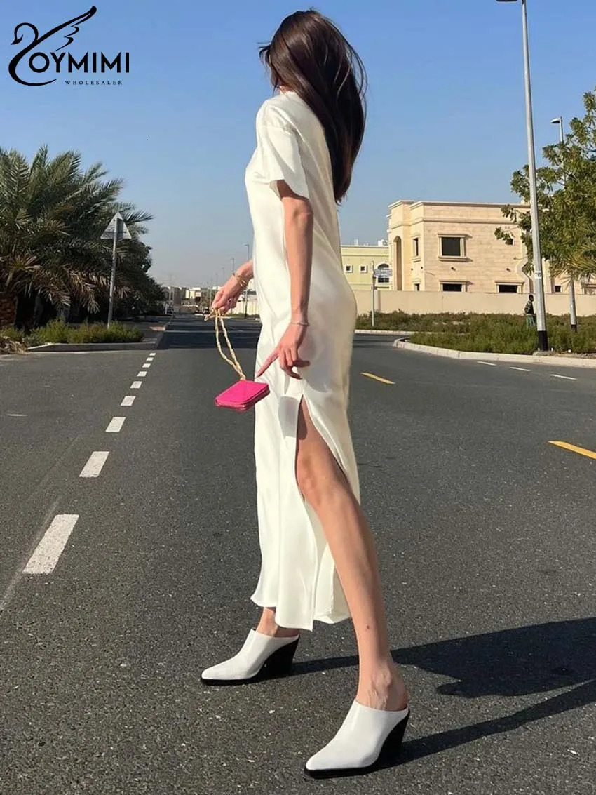 Oymimi Elegant Apricot O-Neck Womens Dress Fashion Short Sleeve Side Slit Solid Dresses Casual Straight Mid-Calf Dress Female 250619