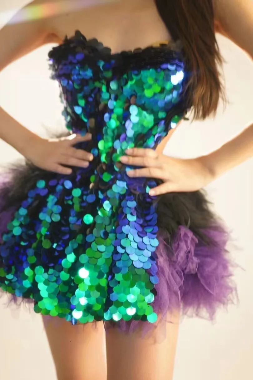 Sparkly Black Sequins Two Pieces Set for Women Party Evening Prom Celebrate Birthday Po Shoot Dress Nightclub Dance Costume 250617