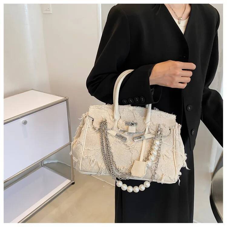 DHGM DHGM 2025 Vintage Pearl Chain Bag - Distressed Boho Shoulder Purse, Unique Crossbody Clutch