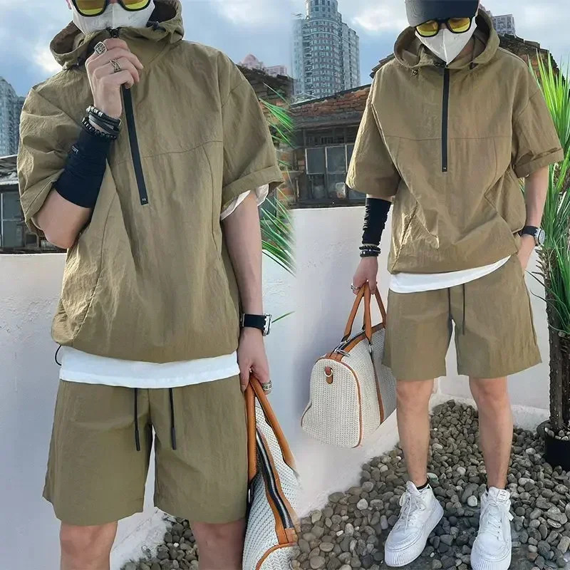 Summer Cargo Style Set Mens Casual Hooded Solid Short Sleeve T-shirt Shorts Loose Fashion High Quality Handsome Sweatshirt Suit 250619