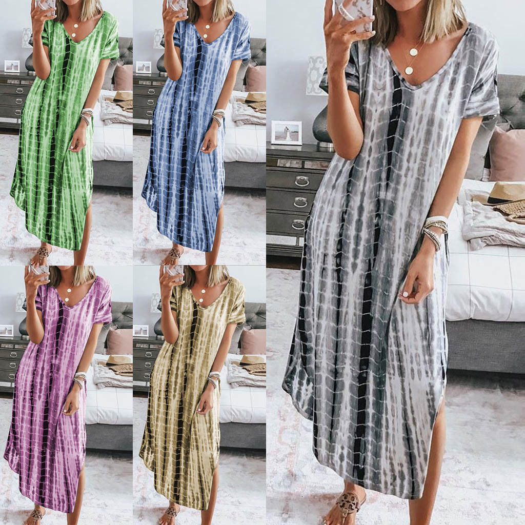 Designer Plus Size Dress2025 Summer New European And American Women's Printed Tie-dye Split V-neck Loose Slimming Plus Size Irregular Dress