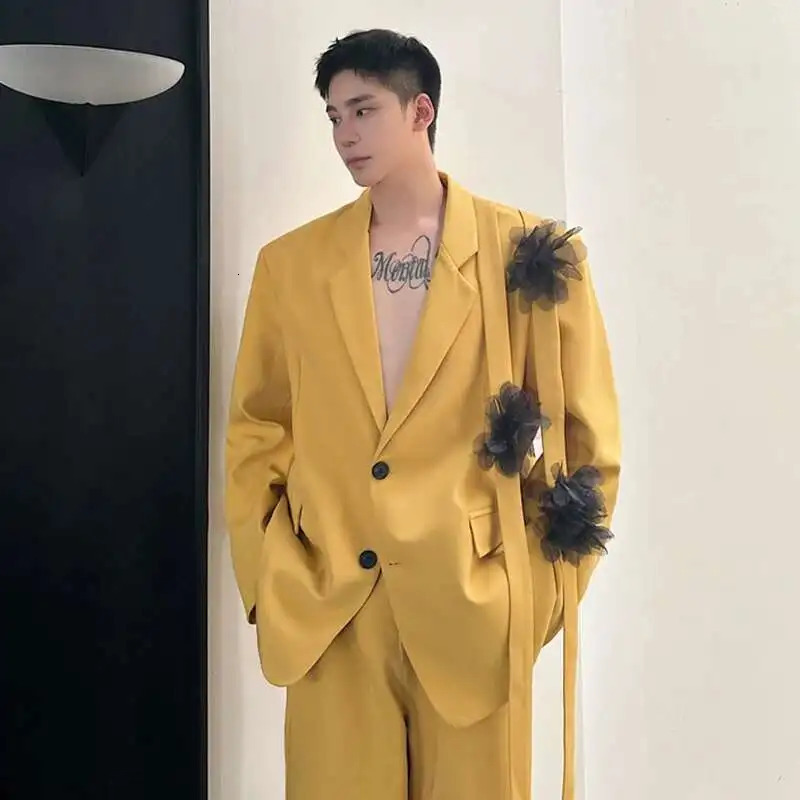 IEFB Niche Mens Two-piece Ribbon Mesh Floral Single Breasted Blazer Contrast Color Straight Wide Leg Suit Pant 9C8190 250619