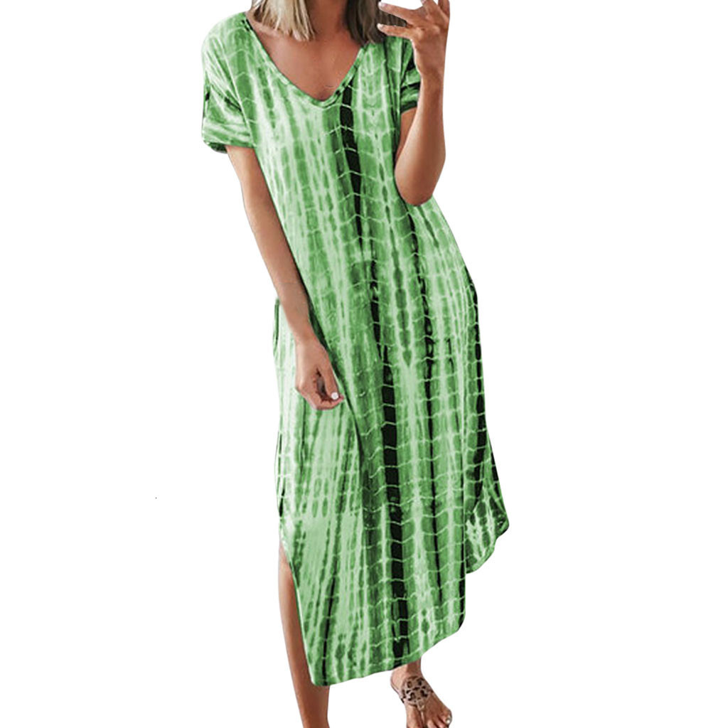 Designer Plus Size Dress2025 Summer New European And American Women's Printed Tie-dye Split V-neck Loose Slimming Plus Size Irregular Dress