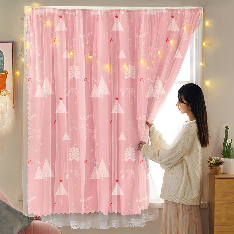 T0526 Velcro curtain bedroom bay window no need to punch installation simple self-adhesive blackout curtain finished product