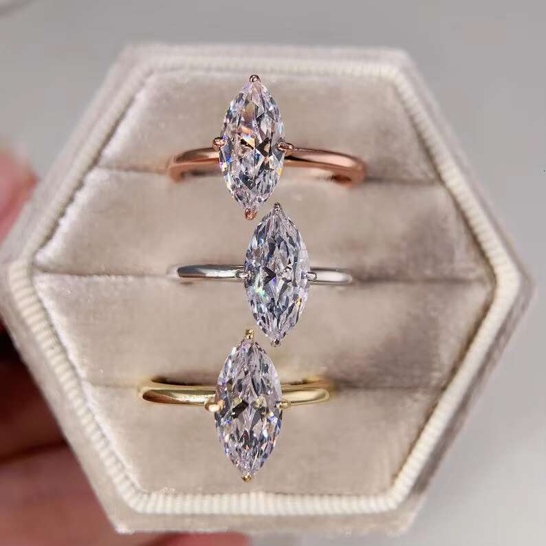 925 Sterling Silver Gold Plated Original Moissanite Gemstone Engagement Ring Customizable Marquise Cut Fine Jewelry