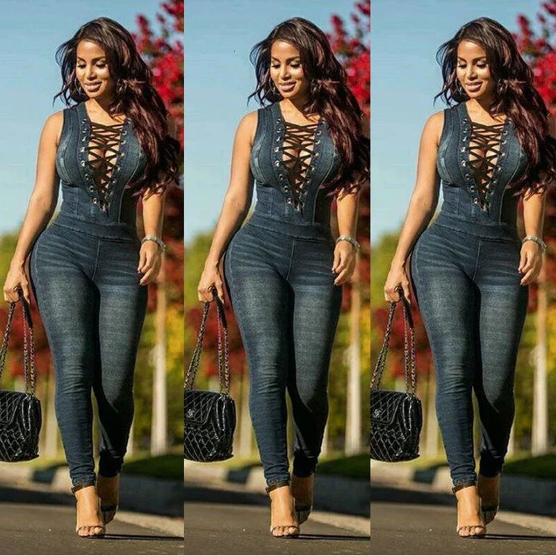 Women Denim Jumpsuits Sleeveless Lace Up Eyelet Long Pants Jeans Rompers 250619