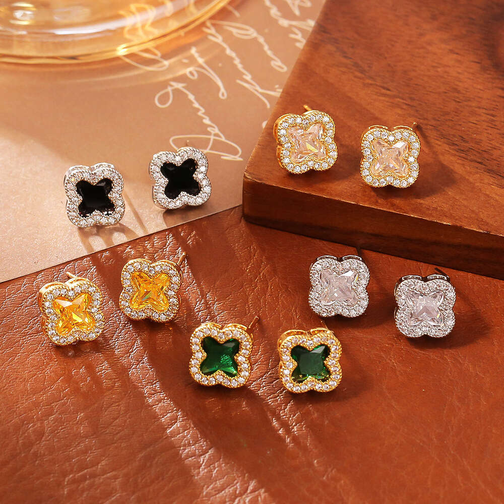 designer Exquisite Colorful Zircon Clover Fashion High-end Daily Versatile Temperament Sweet Cool Style Earrings