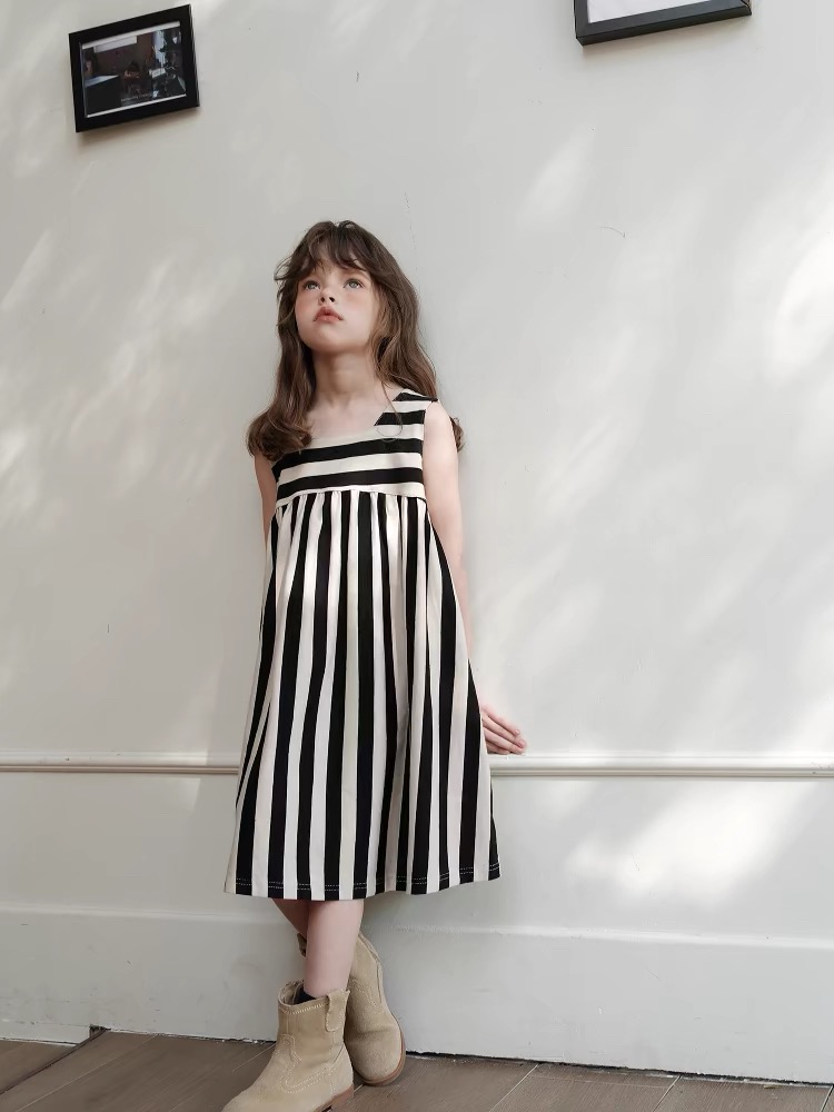 Girls' knitted striped vest dress casual dress Breathable loose princess dress