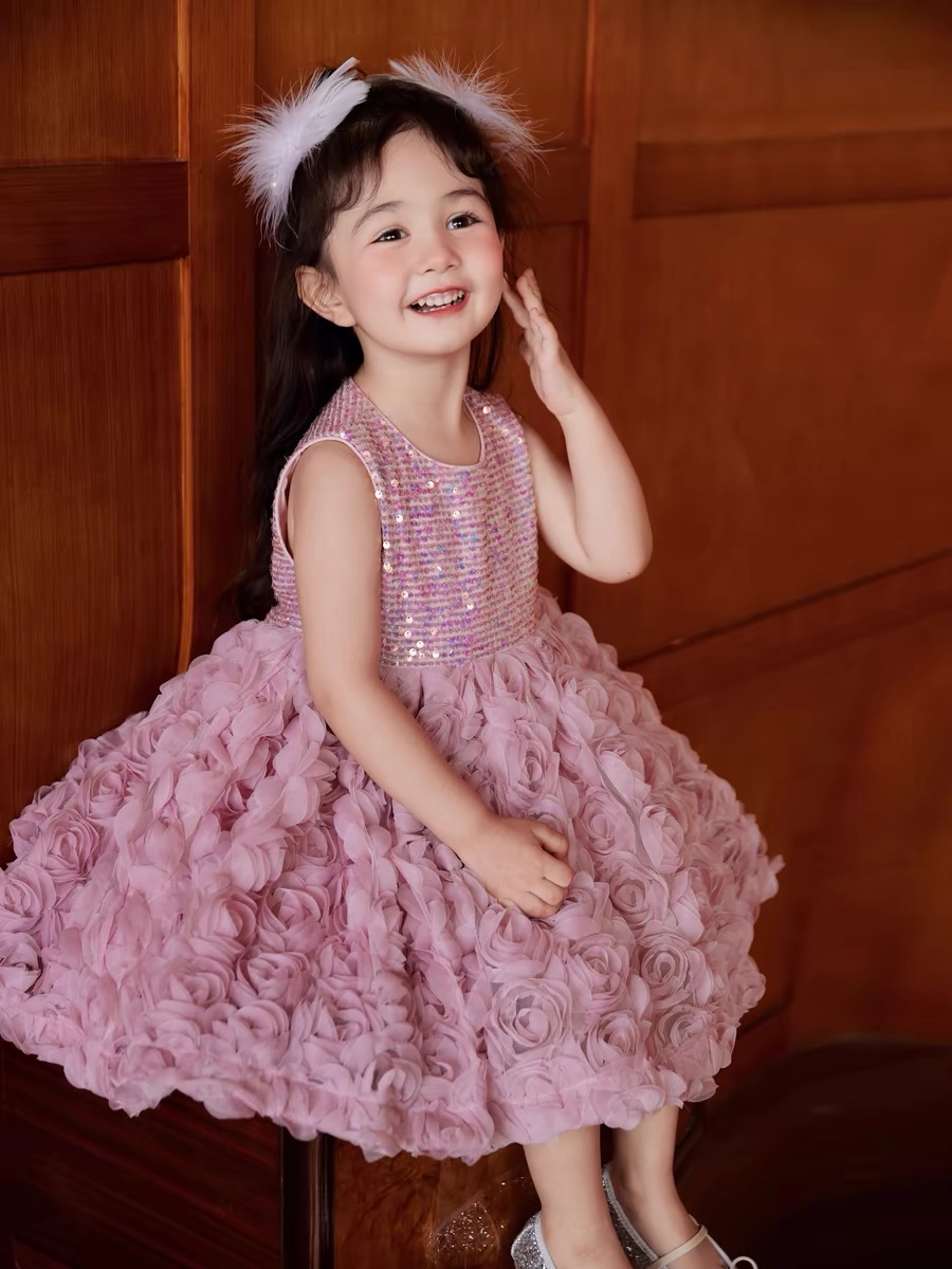Girl's sequined rose dress formal dress birthday party dress casual fashion Summer casual dress