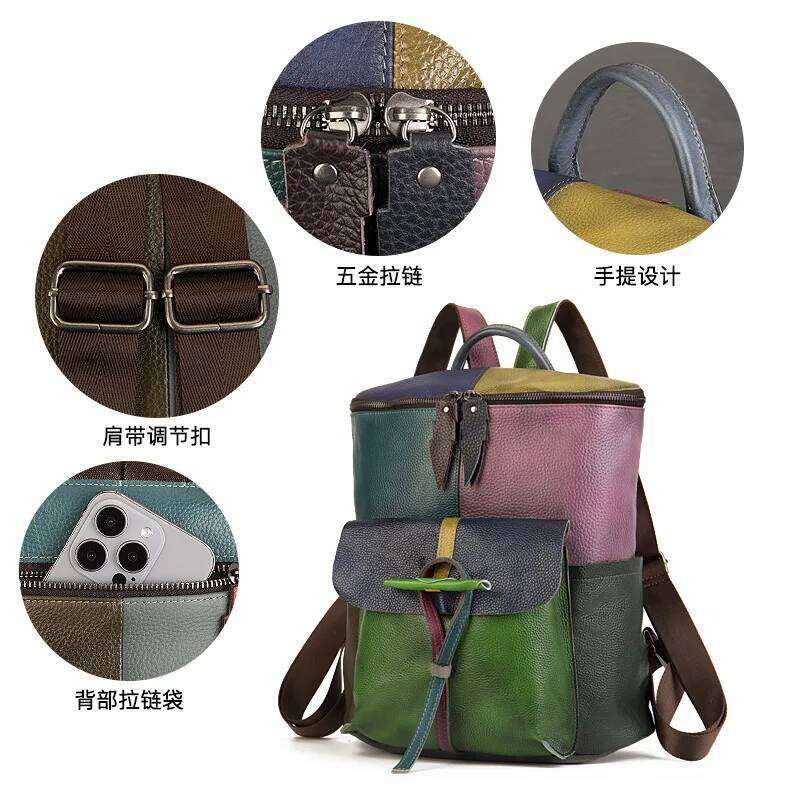 Patchwork Genuine Backpack Woman Real Cow Leather Shoulder Bags Fashion Ladies Cowhide Travel Tote Bag