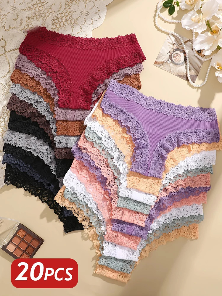 20PCS Women Cotton Brazilian Panties Seamless Lace Thongs Low Rise Female Underwear Comfortable Sexy Lingerie Intimates Panties 250617