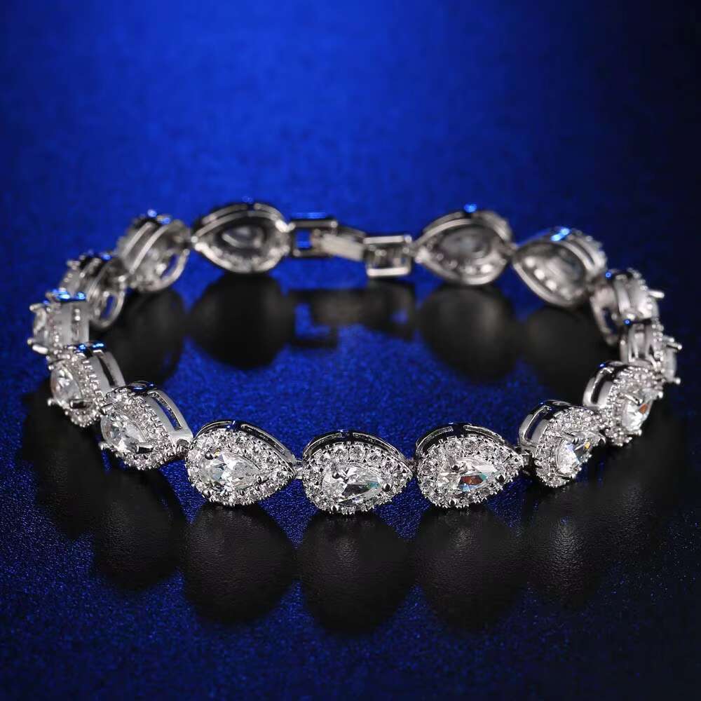 Vintage Womens Tennis Bracelet Geometric Blue Iced Crystal Gold Plated Brass CZ Diamond Waterdrop Shape Sparkly Zircon Main