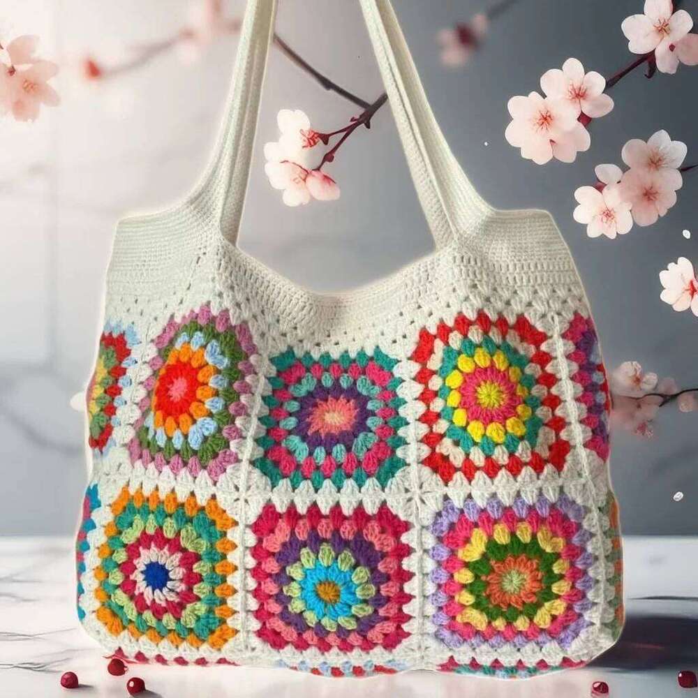 Handwoven Grandmother Grid Patterned Handbag Women's Shoulder With Lining Leisure Shopping Beach Bag Storage Bags
