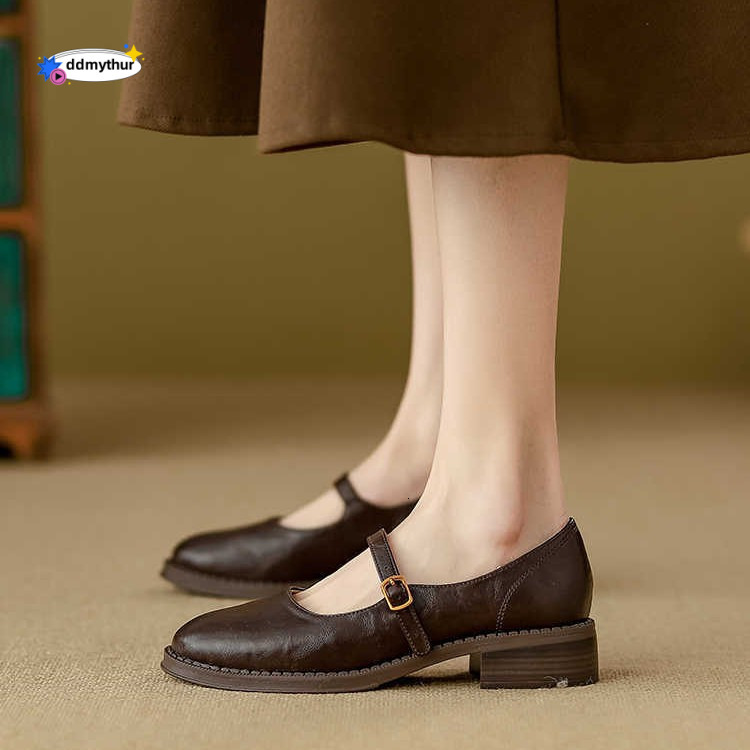 Cowhide ~ Genuine Soft Sole Mary Jane for Women 2025 New Chunky Heel JK Single British Style Small Leather Shoes ddmythur