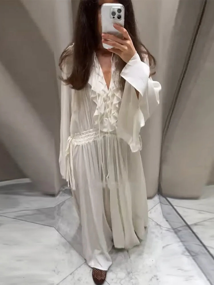 Lace Ruffled Women Dress V-Neck Side Straps Flared Sleeves Large Swing Elastic Waist Cinched Pleated Lace Up Loose Long Dresses 250619