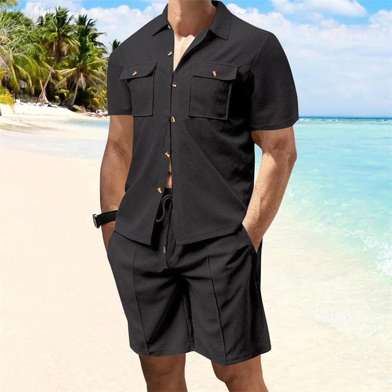 Casual Men s Summer Set Stylish Short Sleeve Button Up Shirt and Comfortable Elastic Waist Shorts in Solid Colors for Beach 250619