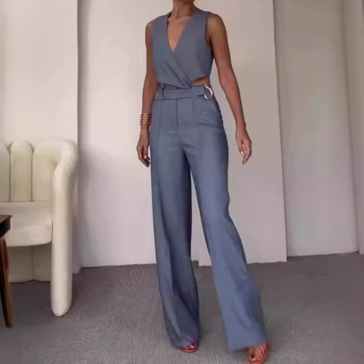 White Vest Tops Two Piece Sets Women Pants Set Round Neck Sleeveless Button High Waist Wide Leg Long Pants Slim Fit Elegant 250619