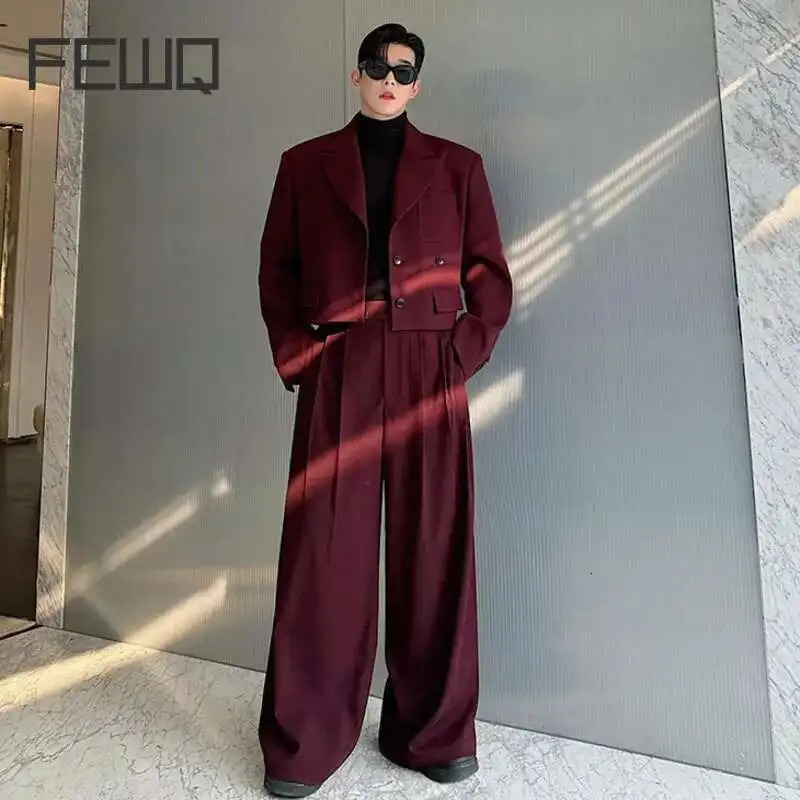 FEWQ Mens Two-piece Lapel Niche Solid Color Single Breasted Blazer Pleated Straight Wide Leg Male Suit Pants 9C8389 250619