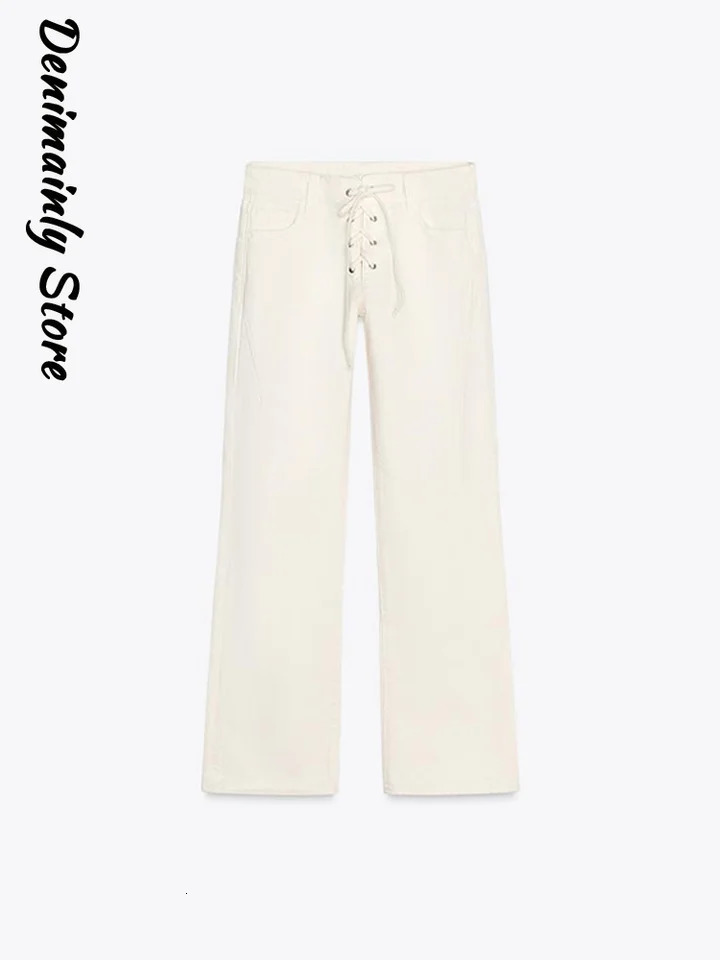 Bandage Low Waist Woman White Jeans Fashion Wash Denim High Street Straight Pants Summer 2025 Casual Loose Female Trousers 250619