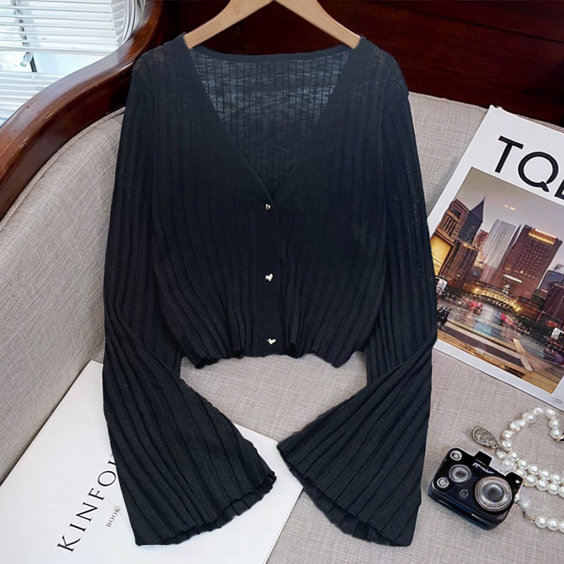 K1077 Ice silk short V-neck knitted cardigan for women, new summer style, long-sleeved thin sunscreen shirt with suspender skirt and shawl
