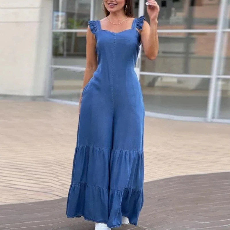 Women Solid Denim Jumpsuits Spring V Neck High Waist Straight Playsuits Summer Backless Wide Leg Pleated Pants Rompers 250619