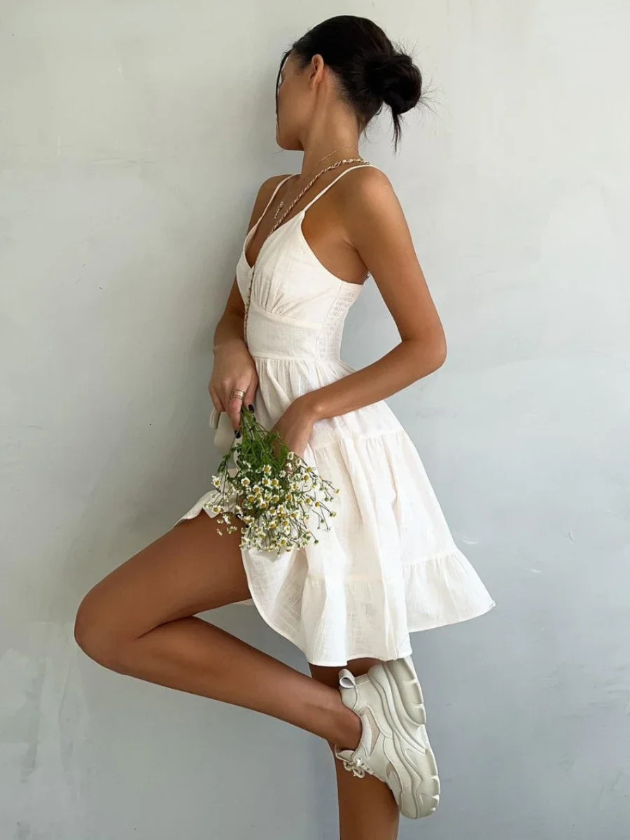 Wolfeel Spring Summer Womens Linen Cotton Dress Vintage A-line Sling Dress Sexy Girl V-neck Camisole RUFFLES Dress 250619