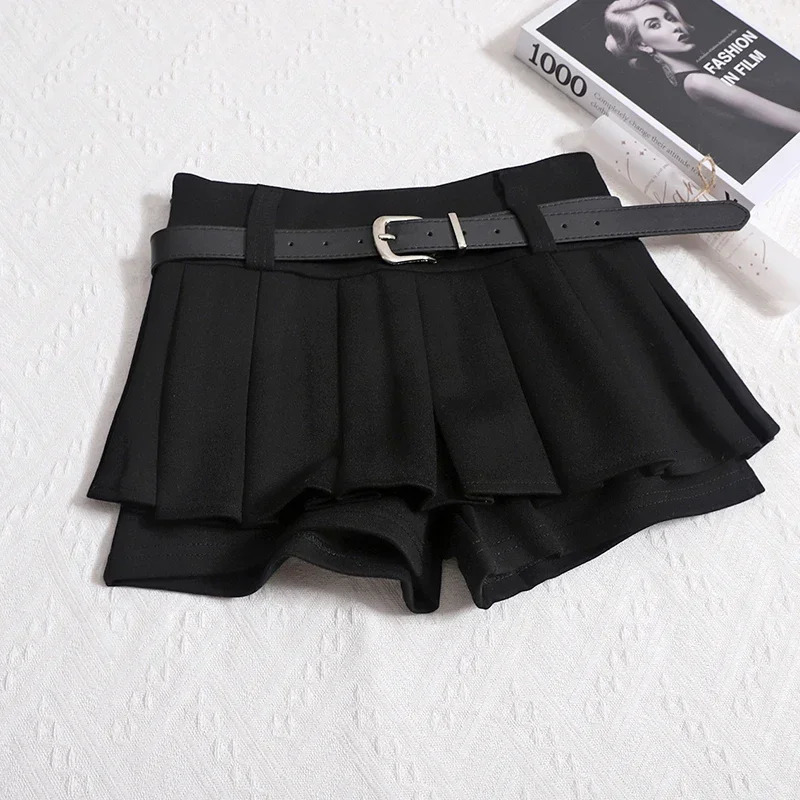 Kimotimo Womens Shorts Autumn Winter Belt High Waist Fluffy Pleated A-line Short Pants Korean Fashion Sexy Y2k All Match Clothes 250619