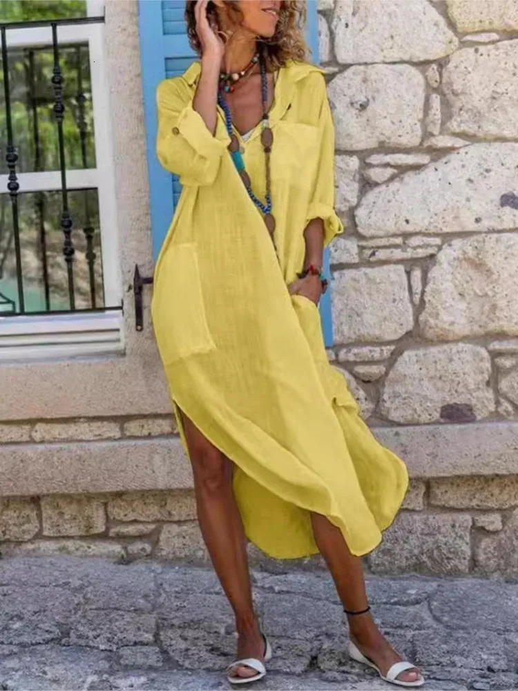 White Womens Shirt Dress Solid Color Button Split Loose Long Dress Casual Long Sleeve Cotton Linen Dress For Women 2025 250619