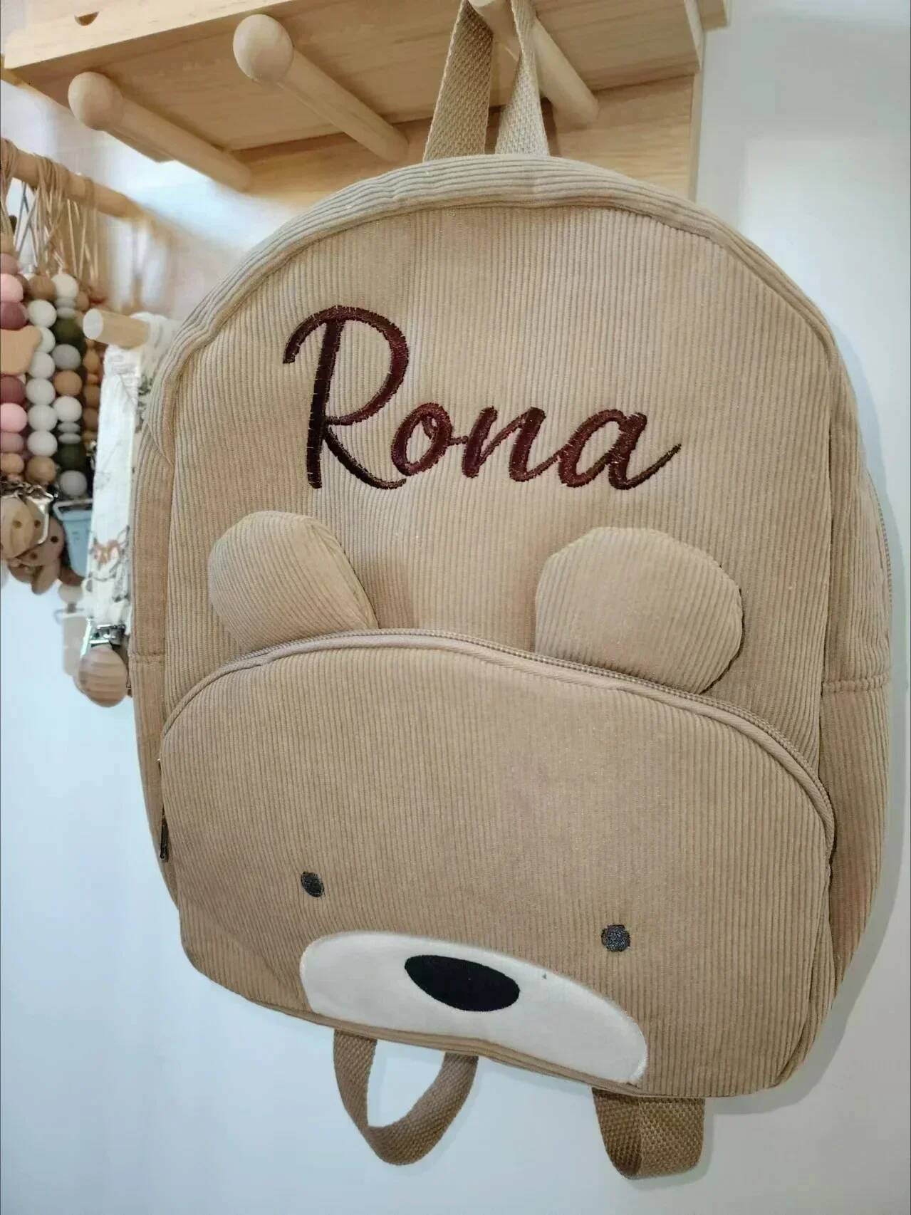 DHSM Customized Toddler Cartoon Bear Corduroy Large Capacity Embroidered Name Backpack Plush Bag
