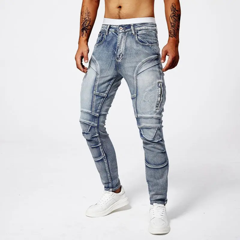 Two tone distressed patchwork jeans for men trendy jeans for summer thin straight leg pants slim fit small leg distressed jeans 250619