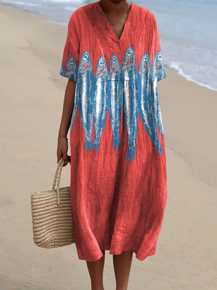 Designer Plus Size Dressindependent Station New Plus Size Women's Shirt Pocket Short Sleeve Dress Ocean Element Fish Vacation Style Dress