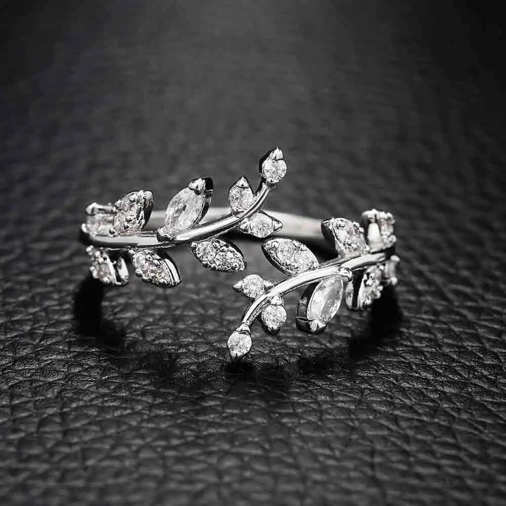 Huitan Fancy Leaf Design Adjustable Opening Rings for Women Sparkling Cubic Zirconia Olive Ring Party Daily Wear Fashion Jewelry M250620