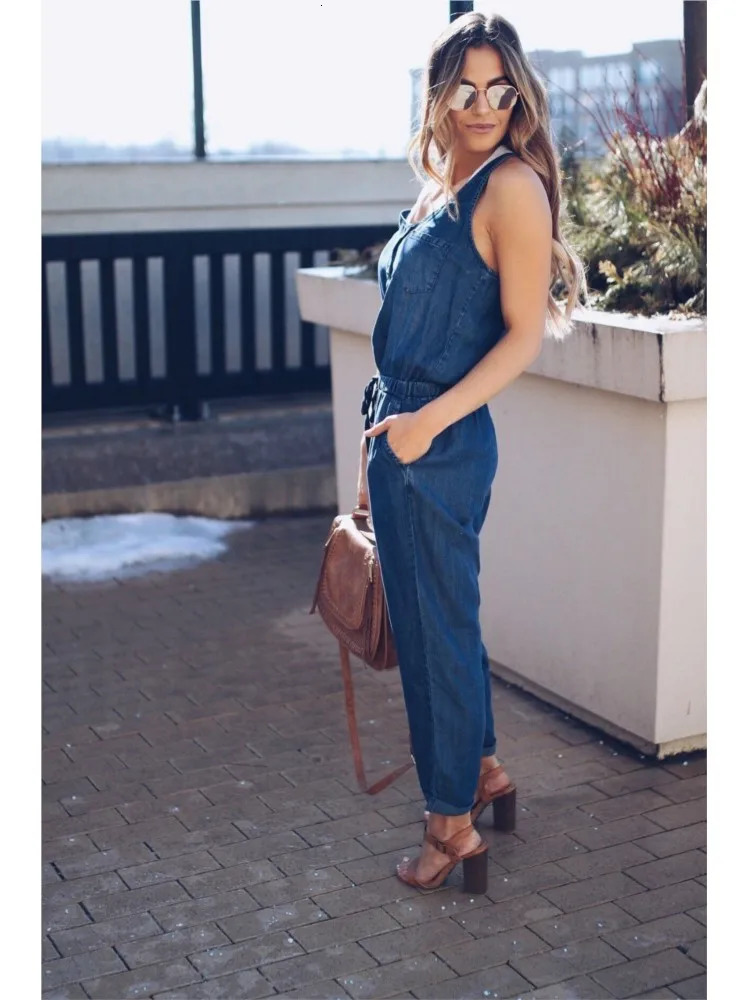 Summer Denim Jumpsuit For Women 2025 Fashion Sleeveless Button Vest Slim Drawstring Pant Jumpsuits High Street Womens Clothing 250619