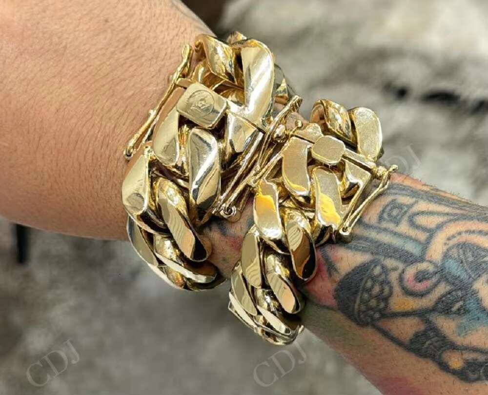 Simple Plain Solid Yellow Gold Plated Miami Cuban Link Bracelet Hand Made Big Size Hip Hop Wrist Customized Bracelet for Mens