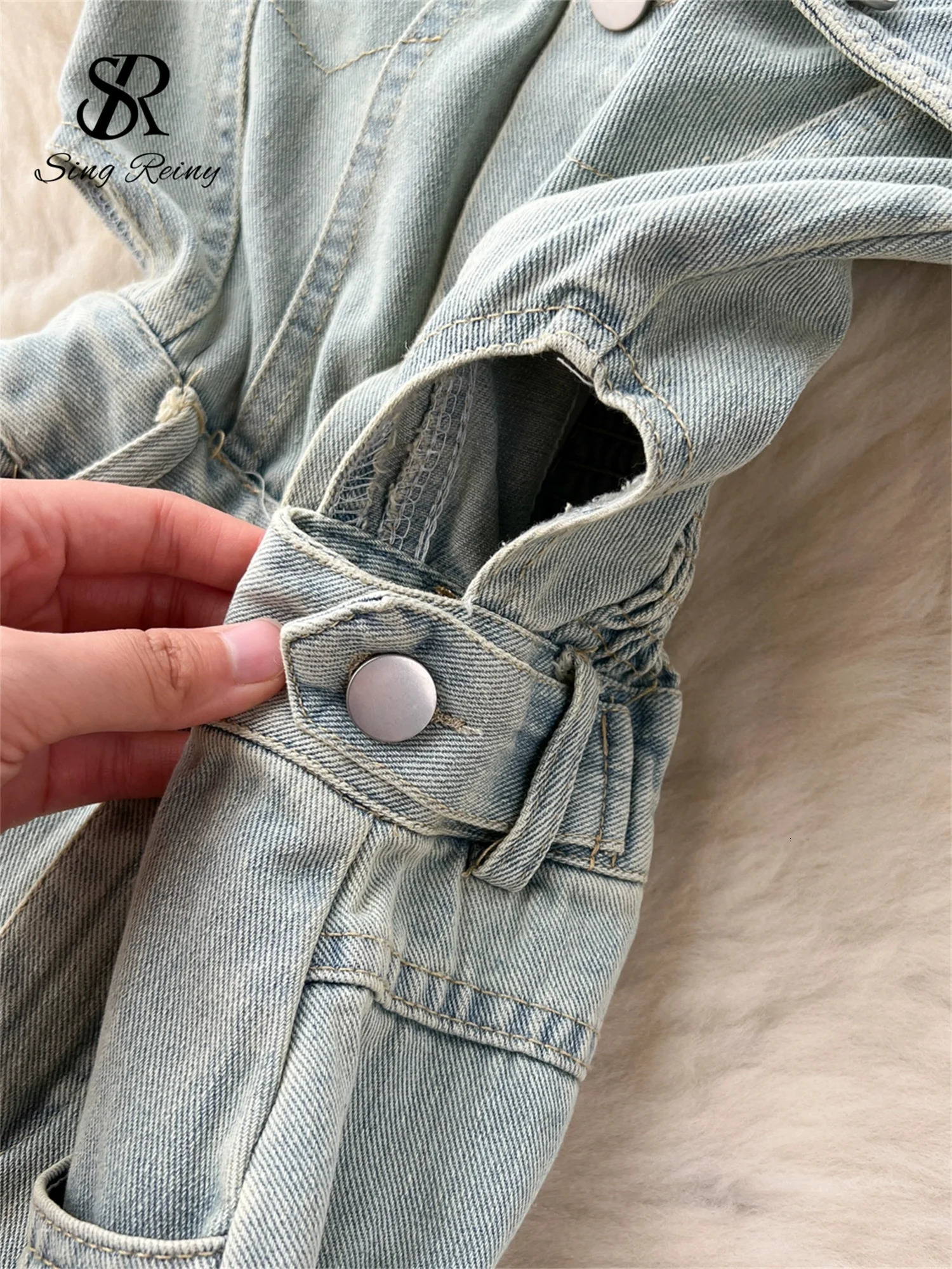 SINGREINY American Retro Streetwear Denim Jumpsuits Zipper Pocket High Waist Wide Legs Ripped Pants Summer Women Slim Rompers 250619