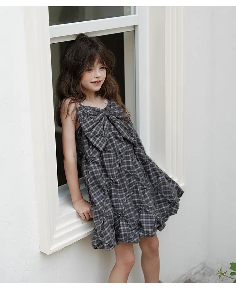 Girls' suspender lantern plaid dress Casual versatile outerwear dress