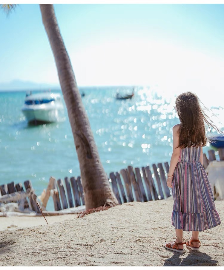 Girls' yarn dyed striped camisole dress Sweat absorbing and breathable daily dress