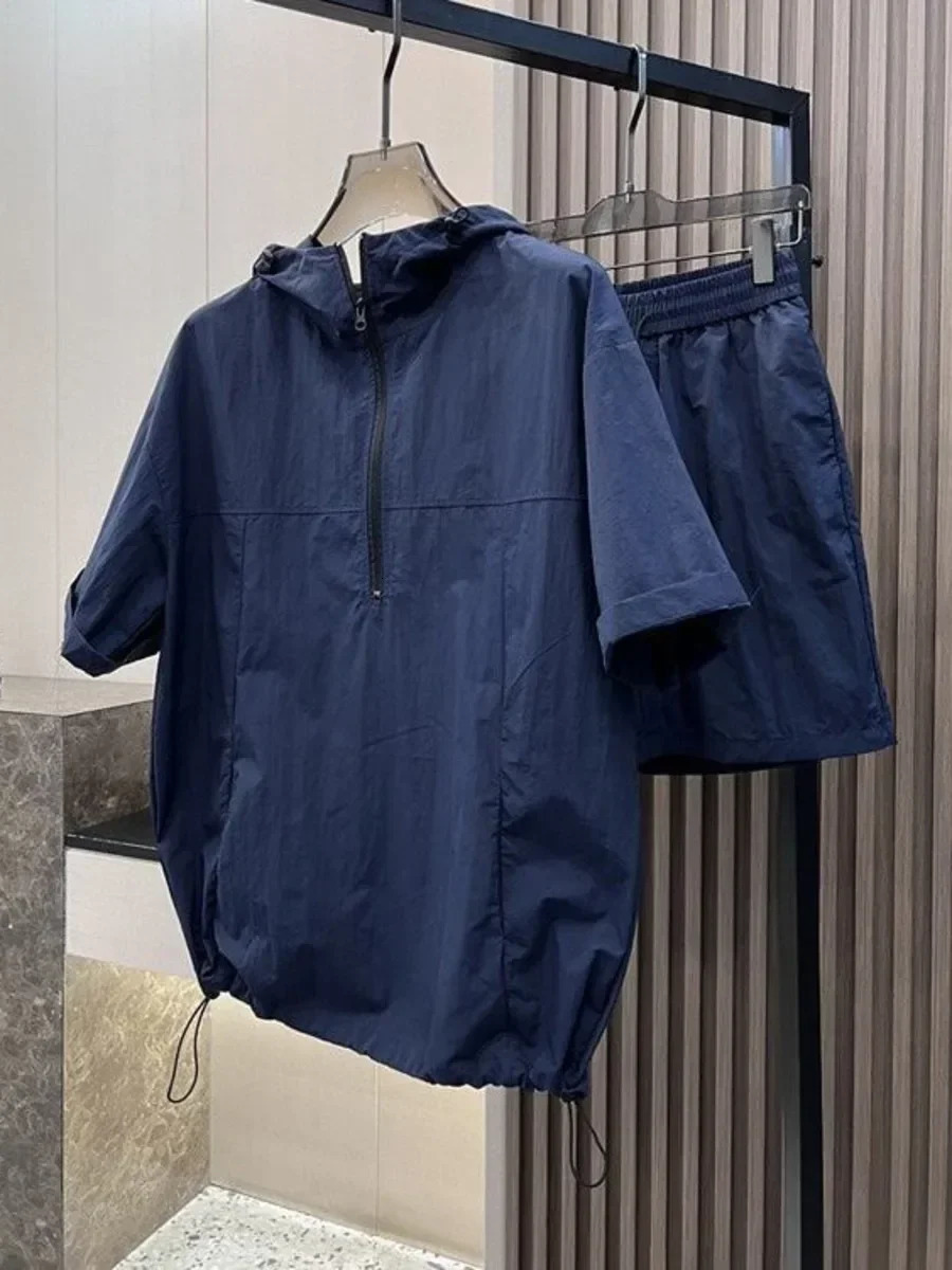 Summer Cargo Hooded Tracksuit Short Sleeve T-shirt Zipped and Shorts Outfits Quick Drying Solid Casual Outdoor Sport Clothes Set 250619
