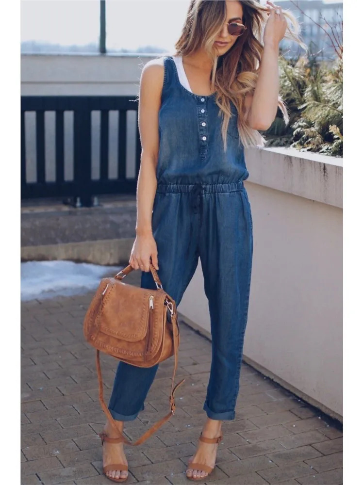Summer Denim Jumpsuit For Women 2025 Fashion Sleeveless Button Vest Slim Drawstring Pant Jumpsuits High Street Womens Clothing 250619