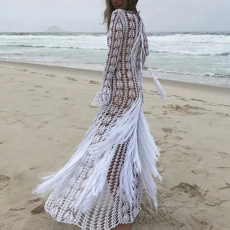 Fashion Fringe Patchwork Slim Long Robe Dress Beach Holiday Hollow Knitted Womens Dress 2025 Casual Summer Long Sleeved Dresses 250619