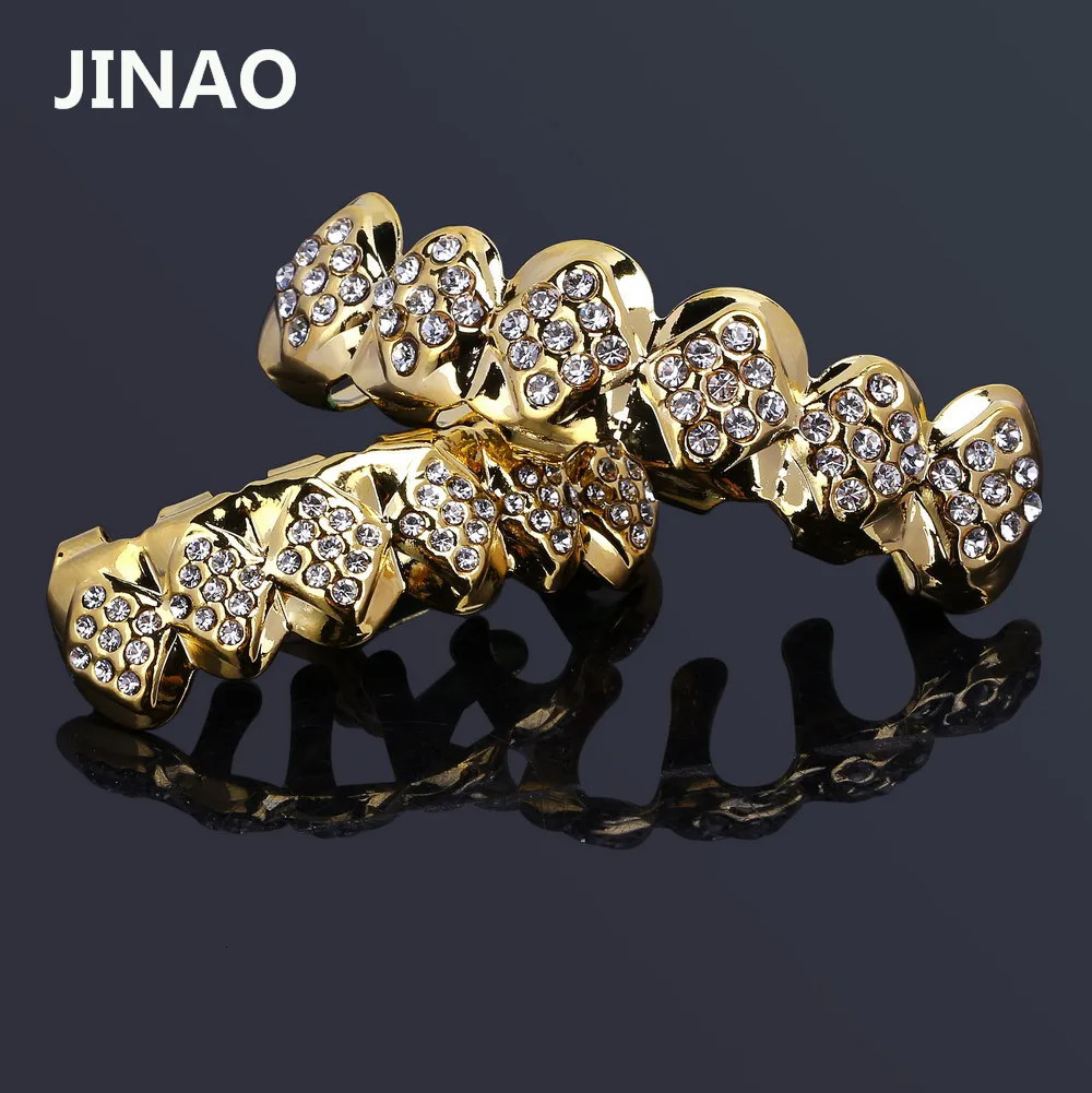 JINAO Fit Gold Color Plated Iced Out Crystal Top Bottom Teeth With Silicone Halloween Christmas Gift 250613