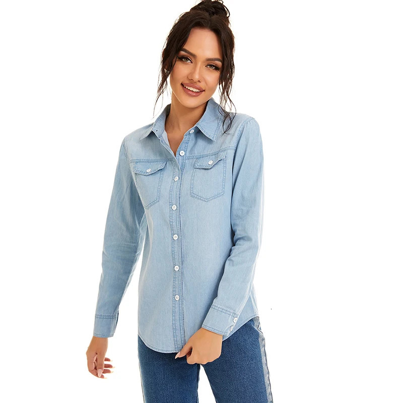 Streetwear Light Blue Cotton Thin Basic Shirts Jeans Woman Spring Long Sleeve Denim Blouses Ladies Tops Clothes 250619