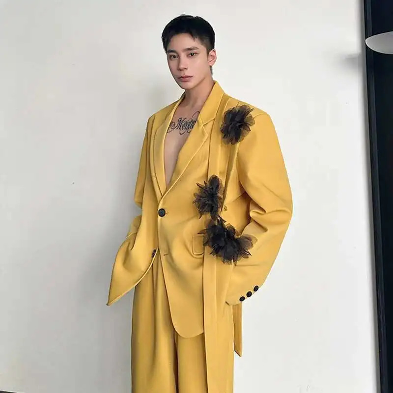 IEFB Niche Mens Two-piece Ribbon Mesh Floral Single Breasted Blazer Contrast Color Straight Wide Leg Suit Pant 9C8190 250619