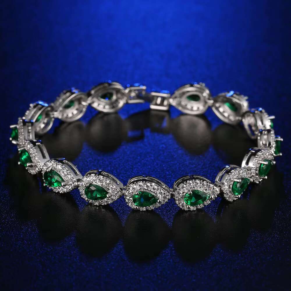 Vintage Womens Tennis Bracelet Geometric Blue Iced Crystal Gold Plated Brass CZ Diamond Waterdrop Shape Sparkly Zircon Main