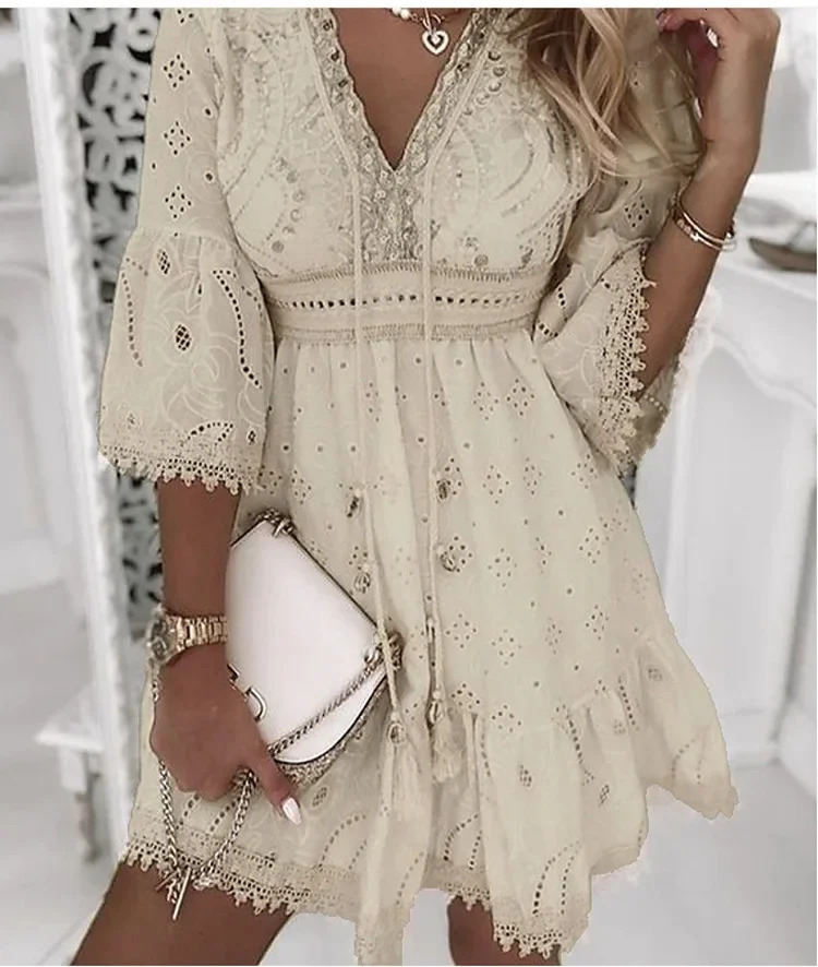 Hollow Out Summer Dress for Women Female V Neck Long Sleeve White Dresses Loose Solid Casual Women Beach Holiday Dress Vestidos250616