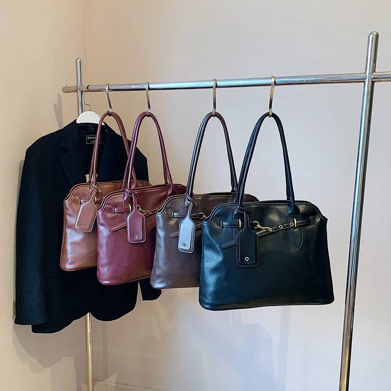 DHSM MOODS Retro Underarm Shoulder Bags For Women 2024 Winter New Designer Handbags Soft PU Leather Big Capacity Shopper Totes